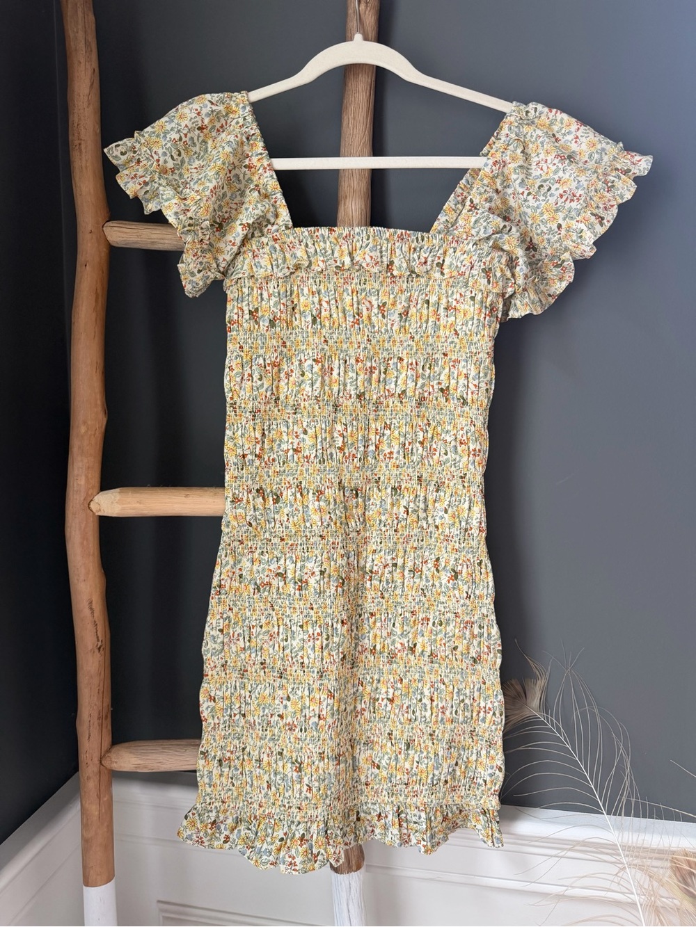 Storia Smocked Floral Mini Dress in Yellow and Cream
